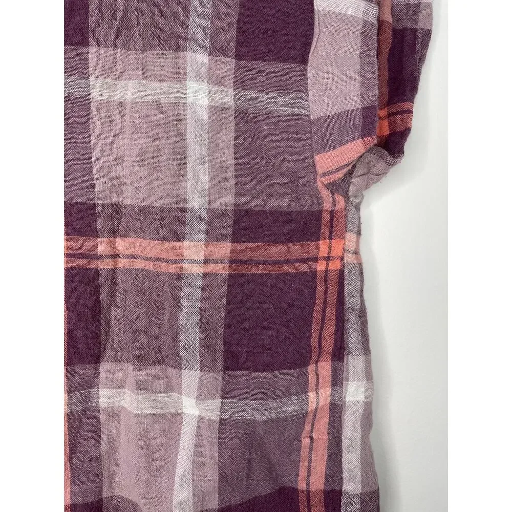 Sanctuary Plaid Short Sleeve Button Up Shirt Womens Size S Purple Pink Linen - Picture 5 of 7